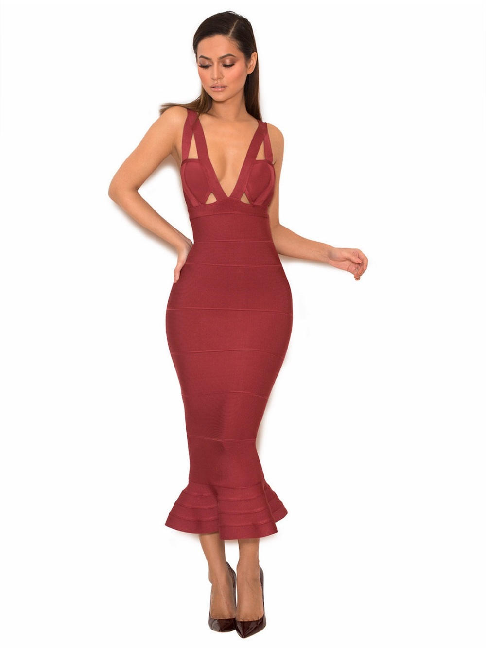 House of CB San Jose Rust Red Bandage Fishtail Midi Dress Size Small EUC!